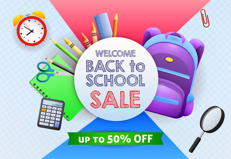 Sale poster design with purple backpack, calculator, alarm clock and notebooks. Back to school sale flyer design with school supplies. Vector illustration can be used for banners, ads, signsのイラスト素材