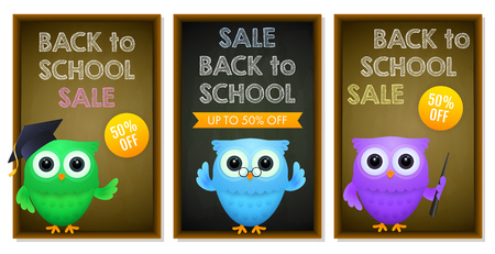 Back to school discount posters set. Sale flyers design with owl in graduation hat, chalkboard and fifty percent off stickers. Vector illustration can be used for banners, flyers, signsのイラスト素材