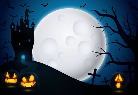 Halloween background with castle and moon. Spooky mysterious scenery with cemetery, jack-o-lanterns and tower. Can be used for topics like scary movie, fantasy, horrorのイラスト素材