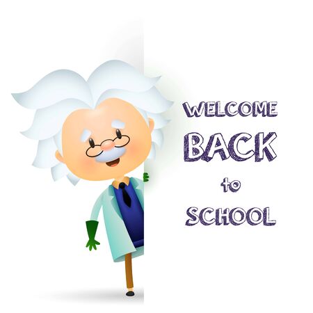 Welcome back to school poster design. Senior professor peeking out white banner with text. Vector illustration can be used for topics like chemistry, biology, scienceのイラスト素材