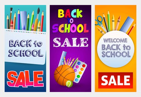 Sale flyers design with cartoon school supplies. Back to school colorful posters set with pencils, paints, scissors and basketball ball. Vector illustration can be used for banners, ads, signsのイラスト素材