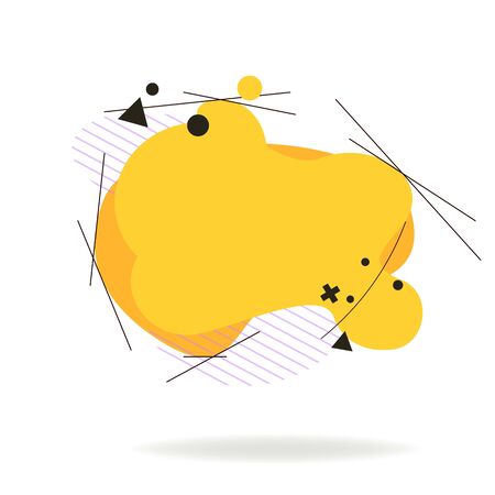 Yellow flowing liquid abstract elements with hatching and lines. Dynamic graphic element. Trendy color fluid design. Template for banner, presentation,  signage. Vector illustration.のイラスト素材