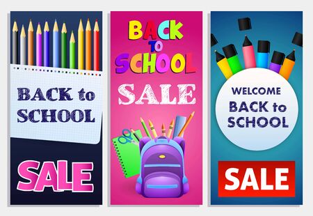 Back to school sale posters set. Vertical banners design with pencils, backpack and other supplies. Vector illustration can be used for ads, flyers, signsのイラスト素材