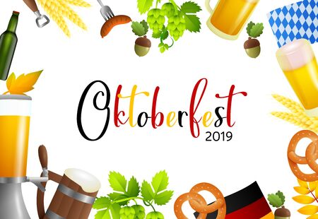 Oktobeerfest 2019 lettering and fest attributes. Festive banner design with beer mug, German flag, beer tap on white background. Lettering can be used for invitations, advertising, announcementsのイラスト素材