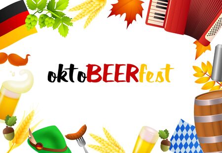 Oktobeerfest 2019 lettering set and fest symbols. Festive banner design with beer mug, accordion, flag, beer tap on white background. Lettering can be used for invitations, advertising, announcementsのイラスト素材