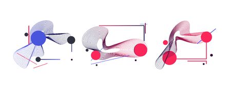 Abstract geometric shapes set. Blue and red circles, wavy and straight lines, angles. Futuristic style, graphic elements, gradient colors. Vector templates for minimal banners, posters, presentationsのイラスト素材