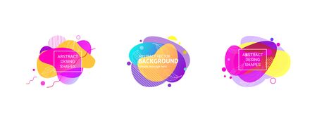 Liquid abstract element set. Blue, purple, yellow, pink, violet fluid forms with hatching, wavy lines and leaf contours. Transparent layers, paper style. Vector template for flyers, posters,のイラスト素材