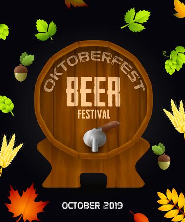 Creative Oktoberfest banner design with hops, acorns and colorful leaves on black background. Realistic wooden beer barrel. Beer festival lettering can be used for invitations, signs, announcementsのイラスト素材