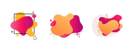 Flowing abstract splash set. Red and yellow blobs, hatched element, regular geometric square. Liquid shape, fluid forms. Vector illustration for banner, label, presentation slide designのイラスト素材