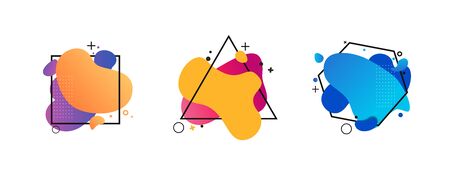 Blue, orange, pink geometric abstract elements set. Dynamical colored forms and lines. Flowing shapes banners. Template for design of flyer, presentation, vector illustrationのイラスト素材