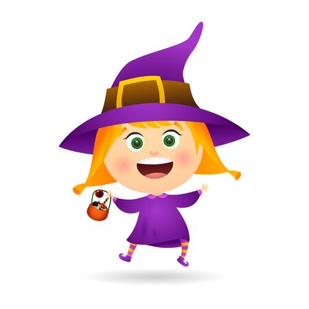 Little witch with bowl of candies. Happy girl in Halloween costume holding bucket of sweets. Can be used for topics like cartoon character, celebration, partyのイラスト素材