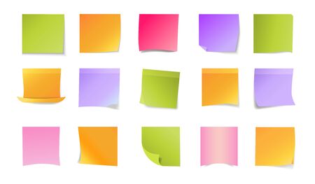 Office stickers set. Colorful blank sticky notes. Papers of different colors with curled corners. Office concept. Vector illustration can be used for messages or notice board templatesのイラスト素材