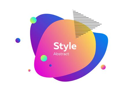 Pink, orange and blue abstract fluid shapes. Hatched triangle, circle, layers, gradient colors. Vector illustration for banners, posters, labels, flyers designのイラスト素材