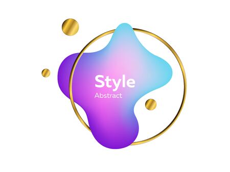 Violet, purple, blue liquid splash with gold ring and circles. Abstract flowing shape, round form, gradient color. Vector illustration for poster, label, cover designのイラスト素材