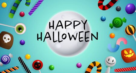 Happy Halloween lettering, moon and confectionery. Invitation or advertising design. Typed text, calligraphy. For leaflets, brochures, invitations, posters or banners.のイラスト素材