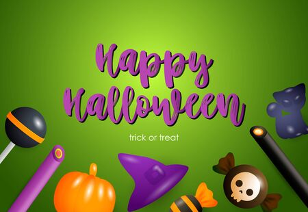 Happy Halloween poster design with sweets and holiday attributes on green background. Lettering can be used for invitations, posters, flyersの写真素材