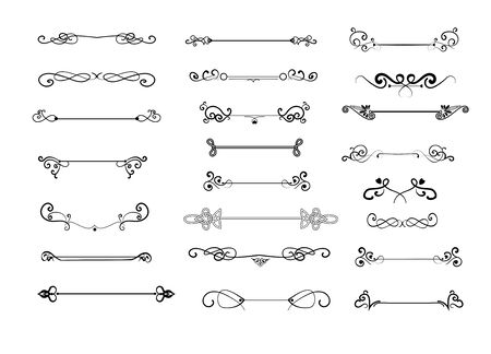 Vintage decorative dividers set. Calligraphic swirls, retro borders, ornament. Decoration concept. Vector illustrations for topics like web design, separator, ornate linesのイラスト素材