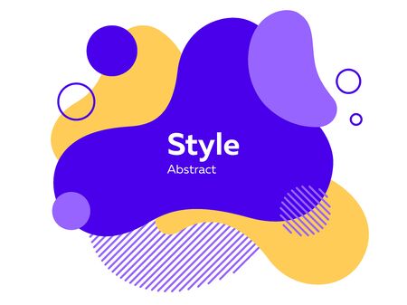 Blue, yellow and hatched abstract elements. Flowing shapes, circles, layers, dynamical forms with text sample. Vector illustration for banner, poster,   brochure designのイラスト素材