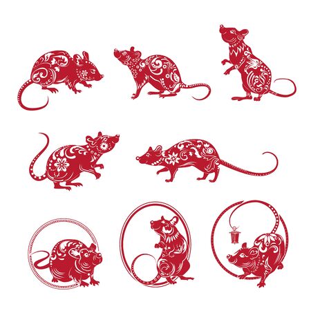 Red ornate rat set. Symbol of year, ornament, actions, ring. New Year concept. Isolated vector illustrations can be used for greeting cards, festive design, decorationのイラスト素材