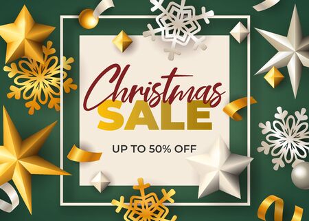 Christmas Sale lettering in frame with stars and snowflakes. Christmas sale advertising design. Handwritten and typed text, calligraphy. For leaflets, brochures, invitations, posters or banners.のイラスト素材