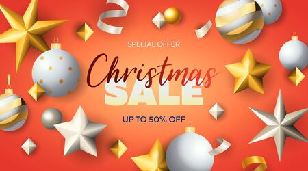 Christmas Sale lettering with stars and baubles. Christmas sale advertising design. Handwritten and typed text, calligraphy. For leaflets, brochures, invitations, posters or banners.のイラスト素材
