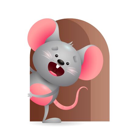 Cheerful grey mouse peeking out from hole. Symbol of year, animal, rat. New Year concept. Realistic vector illustration can be used for greeting cards, festive banner and poster designのイラスト素材