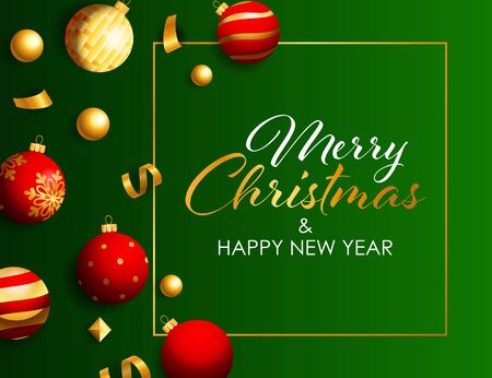 Merry Christmas Sale lettering in frame with Christmas toys and gold decoration on green background. Lettering can be used for posters, leaflets, announcementsのイラスト素材