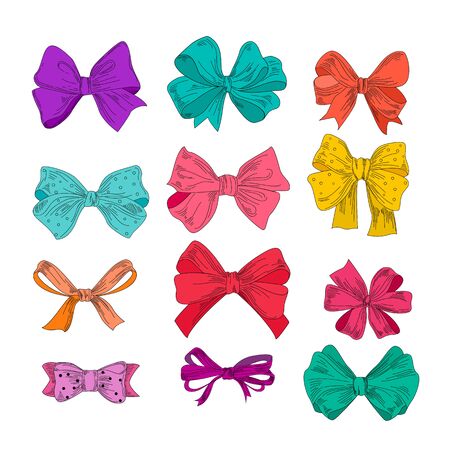 Cartoon bows set. Violet, green, red, yellow, pink hair ribbons, gift bows and ties. Decoration concept. Vector illustrations can be used for vintage banners and posters design, sale badges, labelsのイラスト素材