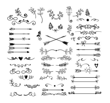 Vintage monogram set. Hand drawn doodles, arrows, antique curls, sketches. Decoration concept. Cartoon blast vector illustrations can be used for emblems, signboardsのイラスト素材