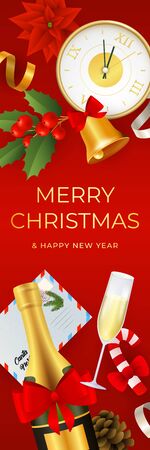Merry Christmas banner design with realistic objects. Champagne bottle, envelope, bell, clock on red horizontal background. Lettering can be used for invitation, giftcard, brochureのイラスト素材