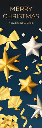 Merry Christmas and happy new year poster. Vertical banner with bows and stars on dark blue background. Lettering can be used for invitation, placard, brochureのイラスト素材