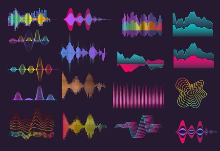 Colorful sound wave set. Neon, black background, voice, frequency. Sound concept. Vector illustrations can be used for topics like music, radio, soundwaveのイラスト素材