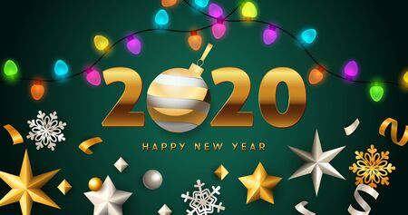 Happy New Year 2020 lettering with lights garlands, stars. New Year Day greeting card. Typed text, calligraphy. For leaflets, brochures, invitations, posters or banners.のイラスト素材