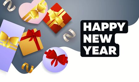 Happy New Year lettering with gift boxes. New Year Day greeting card. Handwritten text, calligraphy. For leaflets, brochures, invitations, posters or banners.のイラスト素材