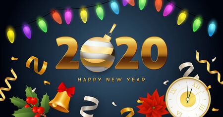 Happy New Year 2020 lettering with lights garland, clock, bell. New Year Day greeting card. Typed text, calligraphy. For leaflets, brochures, invitations, posters or banners.のイラスト素材