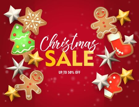 Christmas sale banner with ginger bread on red ground. Lettering can be used for invitations, post cards, announcementsのイラスト素材