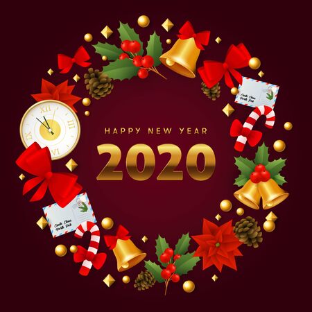 Happy New Year symbolic Christmas wreath on vinous ground. Lettering can be used for invitations, post cards, announcementsのイラスト素材