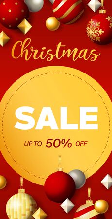 Christmas Sale flyer design with discount circular label. Festive decoration on red background. Vector illustration for advertising design, vertical banner and poster templatesのイラスト素材