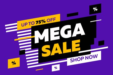 Abstract diagonal forms for sale flyers on violet background. Dynamic shapes and lines, Mega Sale, Shop now text. Vector illustration for advertising design, banner and poster templatesのイラスト素材