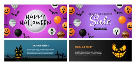 Happy Halloween purple, black banner set with bats and balloons. Halloween, October, trick or treat. Lettering can be used for greeting cards, invitations, announcementsのイラスト素材