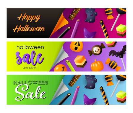 Halloween sale violet, yellow banner set with candies. Halloween, October, trick or treat. Lettering can be used for greeting cards, invitations, announcementsのイラスト素材