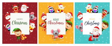 Merry Christmas red, yellow, blue banner set with animals. New Year, Christmas, winter. Calligraphy with decorative design can be used for invitations, post cards, announcementsのイラスト素材