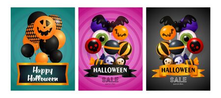 Halloween sale blue, pink, black banner set. Bat, coffin, pumpkin, sweets. Lettering can be used for greeting cards, invitations, announcementsのイラスト素材