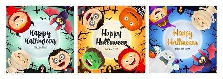 Halloween party banner set with various monsters. Bat, pumpkin, pot. Lettering can be used for greeting cards, invitations, announcementsのイラスト素材