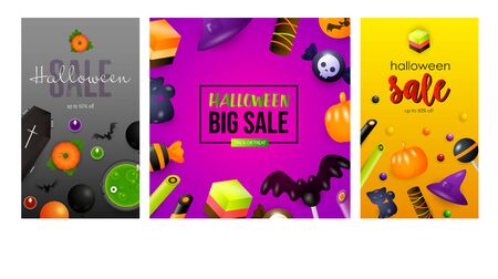 Halloween big sale black, pink, orange banner set. Bat, pumpkin, pot. Lettering can be used for greeting cards, invitations, announcementsのイラスト素材