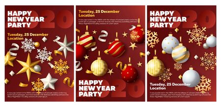 Happy New Year party red banner set with baubles. New Year, Christmas, winter. Calligraphy with decorative design can be used for invitations, post cards, announcementsのイラスト素材
