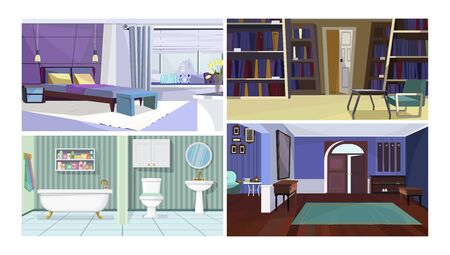 Traditional home interior vector illustration set. Stylish modern bedroom, dark hallway with open front door, bathroom, library. Interior conceptのイラスト素材
