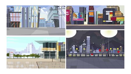 Tourist places in city illustration set. Contemporary buildings, promenade, square, city center. Urban tourism conceptのイラスト素材