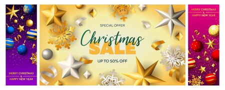 Christmas sale violet, yellow, pink banner set with baubles. New Year, Christmas, winter. Calligraphy with decorative design can be used for invitations, post cards, announcementsのイラスト素材