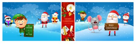Vector vintage greeting card. Christmas characters. Style creative design. Penguin, Elf, Santa Clause, Mouse. Holiday concept. Vector illustration can be used for invitations, signs, announcementsのイラスト素材
